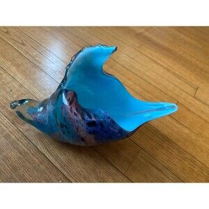Hand Blown 90s Glass Conch Shell Paperweight Purple Blue Teal Beach Ocean Decor